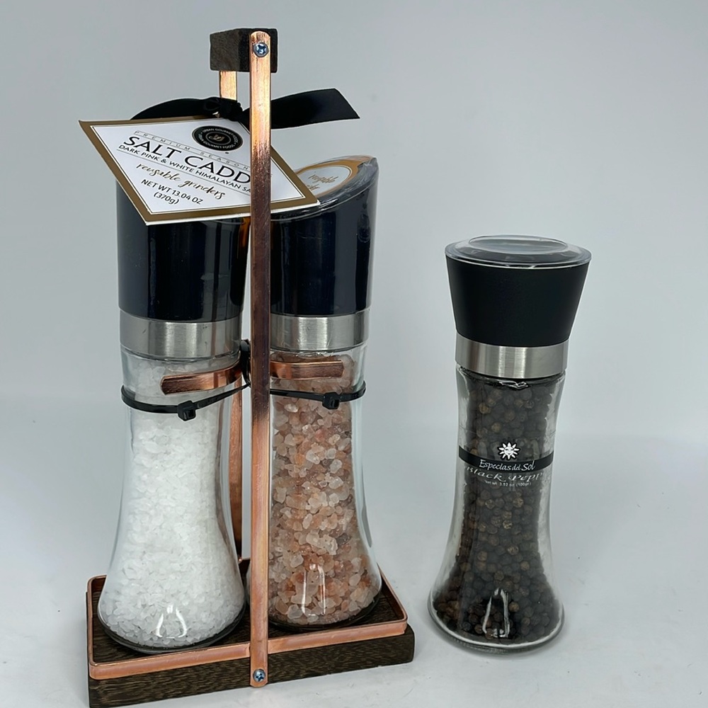 NWT Urban Gourmet Salt Caddy Dark Pink & White Himalayan Salt, Black Pepper